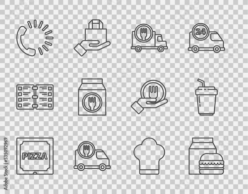 Set line Pizza in cardboard box, Online ordering and burger delivery, Fast by, Food, Chef hat and Coffee cup to go icon. Vector
