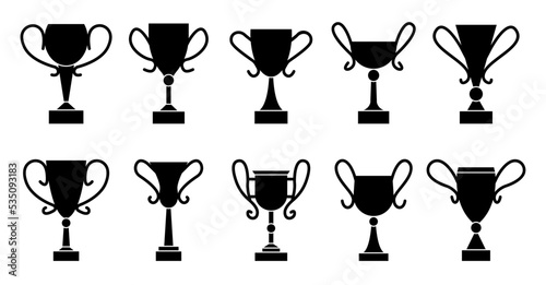 Goblet flat black icon set. Champion gold prize. Different shape winner trophy silhouette. Victory leaderships cups. Cup cartoon sign. Best choice symbol. Championship award emblem isolated on white