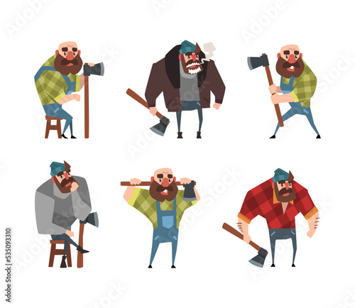 Set of funny lumberjacks holding axes. Powerful loggers or woodcutters male characters cartoon vector illustration