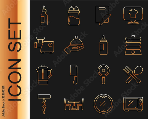 Set line Microwave oven, Crossed fork and spoon, Slow cooker, Cutting board knife, Covered with tray, Kitchen meat grinder, Bottle of olive oil and Sauce bottle icon. Vector