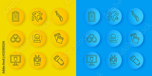 Set line Police database, Handcuffs, Flasher siren, electric shocker, Plastic bag with ziplock, report, shotgun and Crime scene icon. Vector