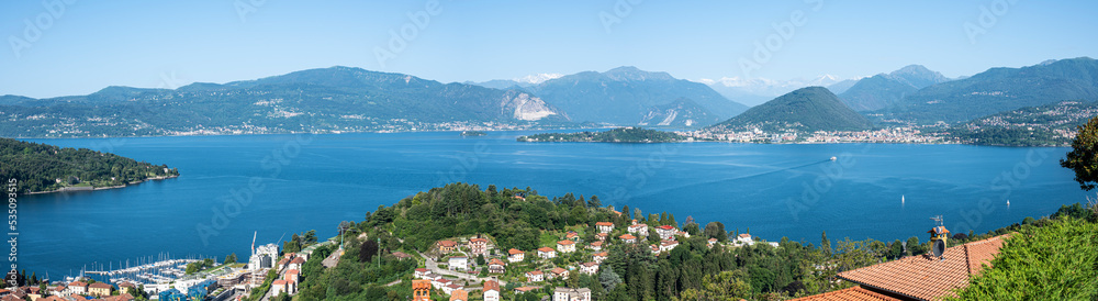 Extra wide aerial view of the Lake Maggiore and the Gulf Borromeo
