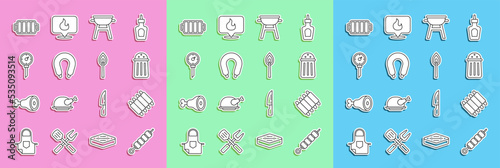 Set line Grilled shish kebab, pork bbq ribs, Salt, Barbecue grill, Sausage, Kitchen thermometer, and Burning match with fire icon. Vector