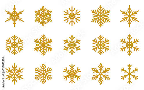 Snowflake gold xmas outline icon set. Geometric line ice crystal isolated on white background. Christmas decoration winter cold element. Holiday beautiful frost snowfall. New Year icy symbol