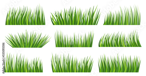 Green grass organic lawn flat horizontal banner set. Summer herb meadow. Eco plant fresh bush. Different shape spring herbal turf white background. Greenery cartoon leaves . Foliage landscape border