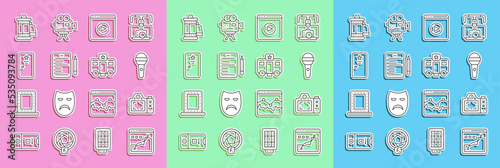 Set line Histogram graph photography, Photo camera, Microphone, Online play video, Scenario, Backstage, Camera roll cartridge and Actor trailer icon. Vector
