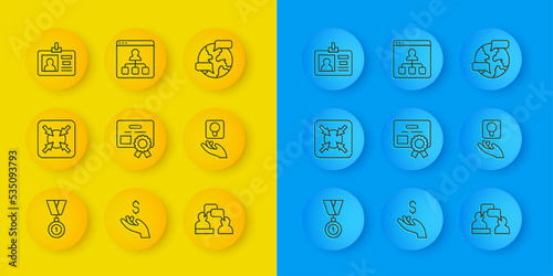 Set line Medal, Target, Certificate template, Two sitting men talking, Light bulb, Identification badge, Worldwide and Online education icon. Vector