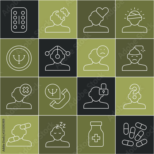 Set line Medicine pill or tablet, Human with question mark, Concussion, headache, Broken heart divorce, Hypnosis, Psychology, Sedative pills and Sad and depressed man, bad mood icon. Vector