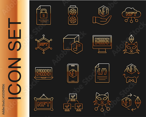 Set line Ethereum exchange NFT, Digital crypto art, blockchain technology, Document and and Binary code icon. Vector
