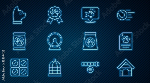 Set line Dog house, Medical clinical record pet, Fish, Hamster wheel, Bag of food for, Cat, and Pet award symbol icon. Vector