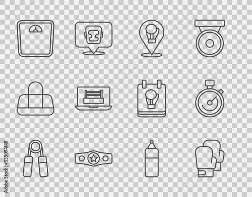 Set line Sport expander, Boxing glove, belt, Bathroom scales, ring, Punching bag and Stopwatch icon. Vector