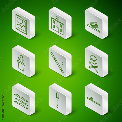 Set line Opium pipe, Pipette, LSD acid mark, Cigarette, Cactus peyote in pot, Medical hospital building, Cocaine or heroin drug and Skull on crossbones icon. Vector