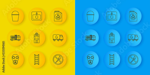 Set line Gas mask, Fire truck, Medical hospital building, No fire match, Water delivery, bucket, Canister for flammable liquids and alarm system icon. Vector