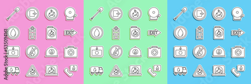 Set line Telephone with emergency call 911, First aid kit, Fire exit, flame, Medical hospital building, Water drop, shovel and Canister for flammable liquids icon. Vector