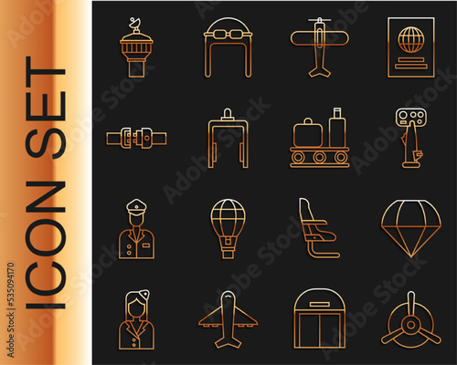 Set line Plane propeller, Parachute, Aircraft steering helm, Metal detector airport, Safety belt, Radar and Airport conveyor with suitcase icon. Vector