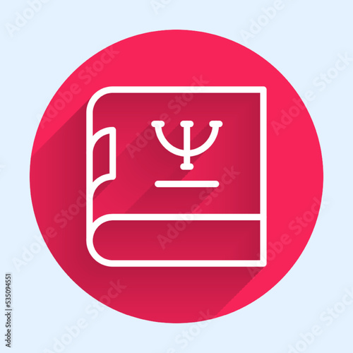 White line Psychology book icon isolated with long shadow background. Psi symbol. Mental health concept, psychoanalysis analysis and psychotherapy. Red circle button. Vector