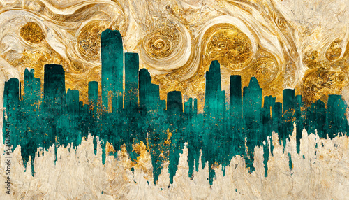 Spectacular teal and golden abstract city background on white background, water color with gold dust sparkling, glistening on the spiral cloud. Digital art 3D illustration. photo