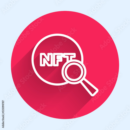 White line Search NFT icon isolated with long shadow background. Non fungible token. Digital crypto art concept. Red circle button. Vector