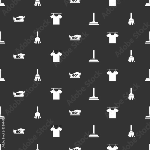 Set Rubber plunger, Feather broom, Temperature wash and Drying clothes on seamless pattern. Vector