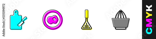 Set Cutting board and knife, Scrambled eggs, Barbecue spatula and Citrus fruit juicer icon. Vector
