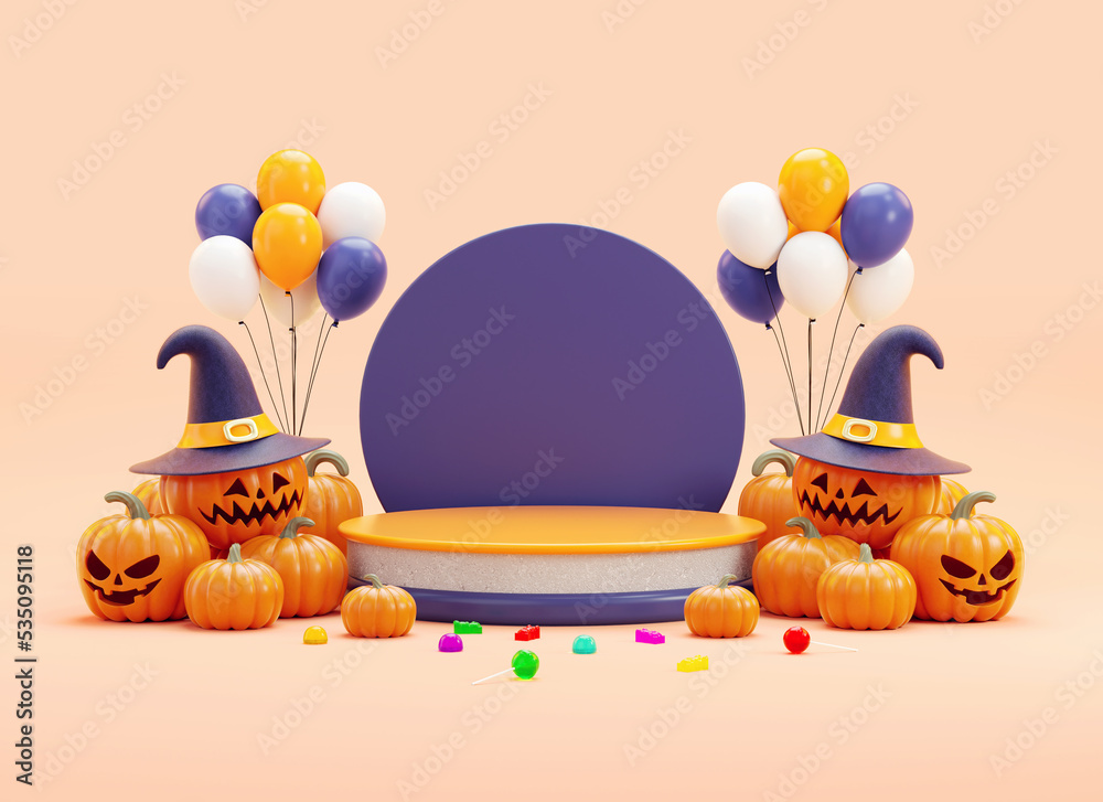 Fototapeta premium Happy Halloween podium platform with party stuff for flyer or greeting card background design in 3D rendering