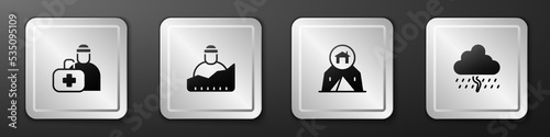 Set First aid kit, Growth of homeless, Tourist tent and Cloud with rain icon. Silver square button. Vector