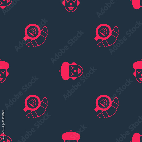 Set Coffee cup with croissant and French mime on seamless pattern. Vector