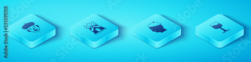 Set Isometric French mime, Windmill, Wine glass and man icon. Vector