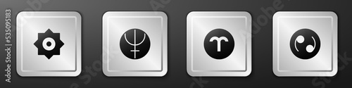 Set Falling star, Neptune planet, Aries zodiac and Cancer icon. Silver square button. Vector