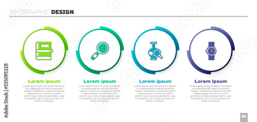 Set Book, Magnifying glass, Ancient amphorae and Wrist watch. Business infographic template. Vector