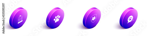 Set Isometric Cage for birds, Paw print, Animal health insurance and icon. Vector