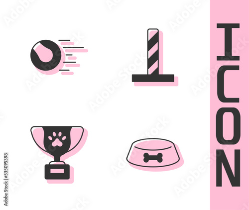 Set Pet food bowl for cat or dog, toys ball, award symbol and Cat scratching post with icon. Vector