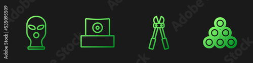 Set line Bolt cutter, Balaclava, Spray can nozzle cap and Paint spray. Gradient color icons. Vector