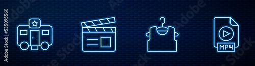 Set line Sleeveless T-shirt, Actor trailer, Movie clapper and MP4 file document. Glowing neon icon on brick wall. Vector