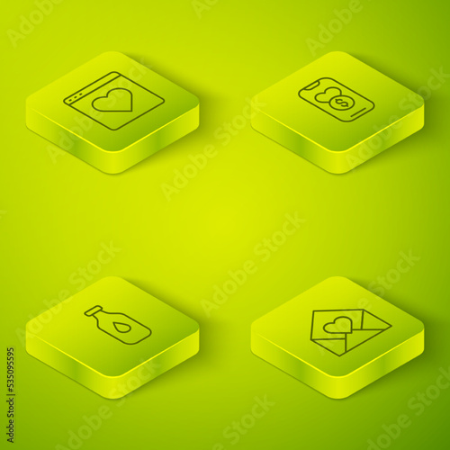 Set Isometric line Donation and charity, Bottle of water, Envelope with Valentine heart and Dating app online icon. Vector