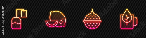 Set line Ball tea strainer, Tea bag, Lemon and Cup of with leaf. Glowing neon icon. Vector