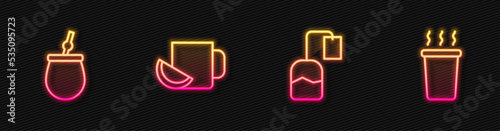 Set line Tea bag, Mate tea, Cup of with lemon and . Glowing neon icon. Vector