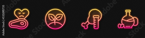 Set line Genetically modified chicken, Steak meat, Sprout and Bottle of olive oil. Glowing neon icon. Vector