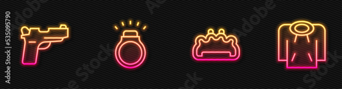 Set line Brass knuckles, Pistol or gun, Diamond ring and Hoodie. Glowing neon icon. Vector
