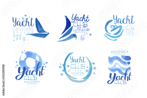 Yacht club retro logo design set. Sailing sports vintage blue watercolor labels vector illustration
