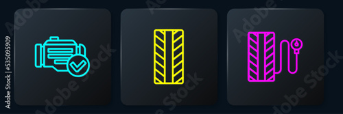 Set line Check engine, Tire pressure gauge and Car tire wheel. Black square button. Vector