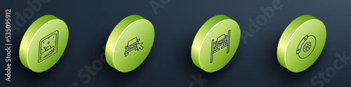 Set Isometric line Motor gas gauge, Online car sharing, Repair on lift and Car brake disk with caliper icon. Vector