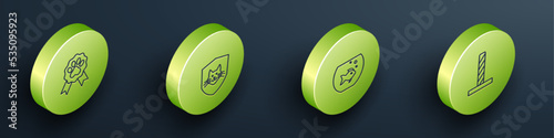 Set Isometric line Pet award symbol, Animal health insurance, Aquarium with fish and Cat scratching post toy icon. Vector
