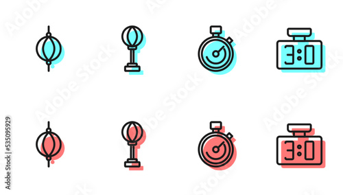 Set line Stopwatch, Punching bag, and Sport mechanical scoreboard icon. Vector