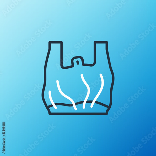 Line Say no to plastic bags poster icon isolated on blue background. Disposable cellophane and polythene package prohibition sign. Colorful outline concept. Vector