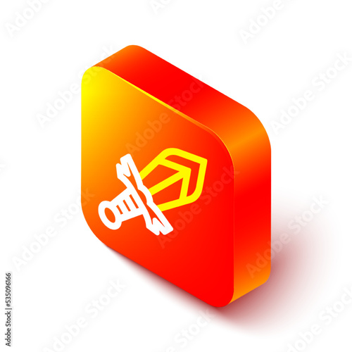 Isometric line Medieval sword icon isolated on white background. Medieval weapon. Orange square button. Vector