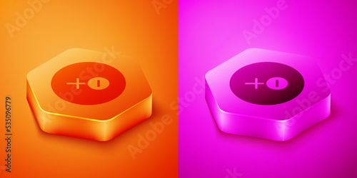 Isometric Venus symbol icon isolated on orange and pink background. Astrology, numerology, horoscope, astronomy. Hexagon button. Vector