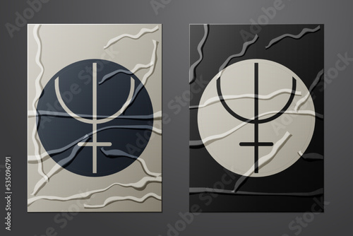 White Neptune planet symbol icon isolated on crumpled paper background. Astrology, numerology, horoscope, astronomy. Paper art style. Vector