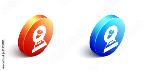 Isometric Exhibition with various minerals, rocks and crystals icon isolated on white background. Minerals exhibition, mineralogy, geology expo or museum. Orange and blue circle button. Vector