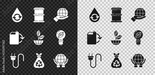 Set Recycle clean aqua, Barrel, Hand holding Earth globe, Electric plug, Garbage bag with recycle, Hands, Eco fuel canister and plant icon. Vector